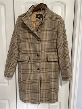 DKNY Beige Plaid Wool-Blend Pea Coat
